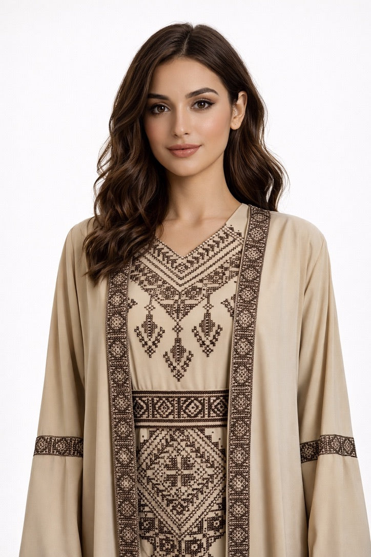 Layali Sandstone Embroidered Abaya Set