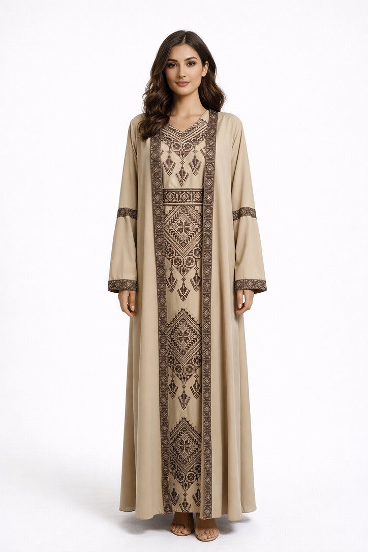 Layali Sandstone Embroidered Abaya Set