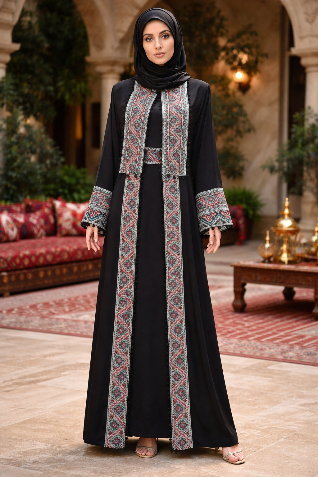 Sultanah Onyx – 3 Piece Embroidered Abaya Set
