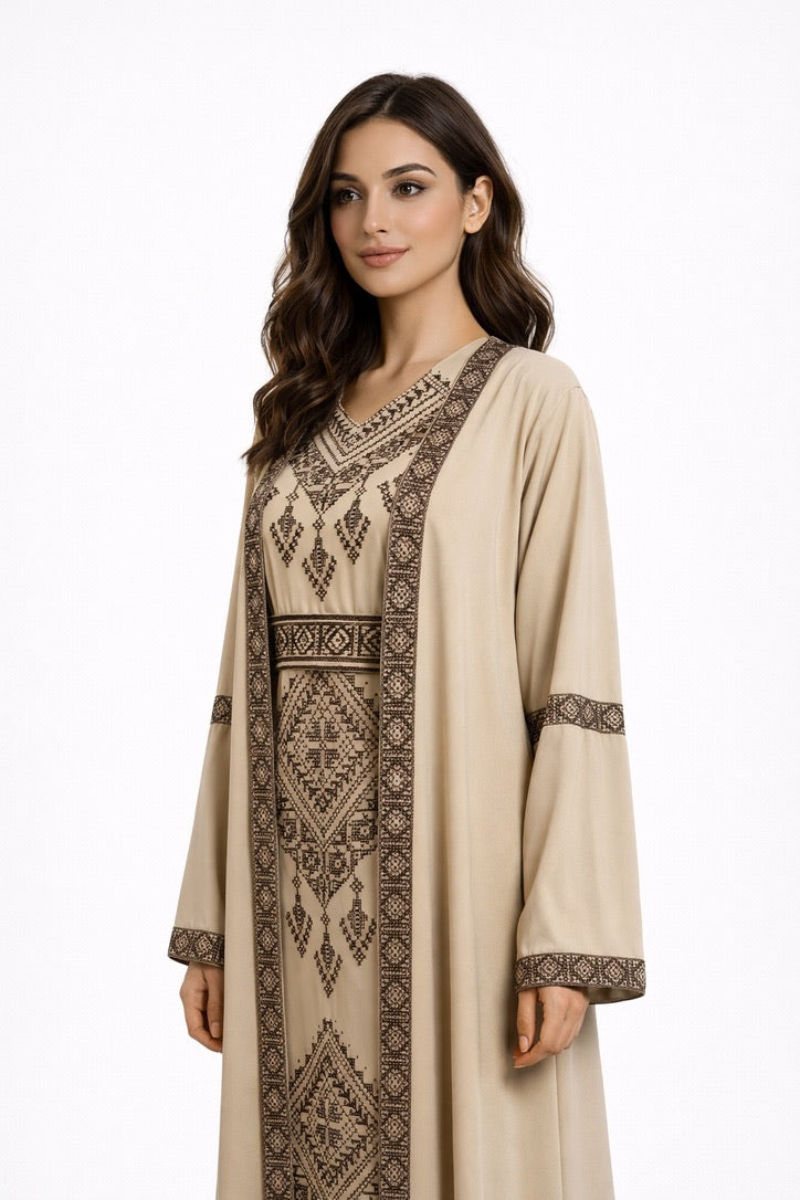Layali Sandstone Embroidered Abaya Set