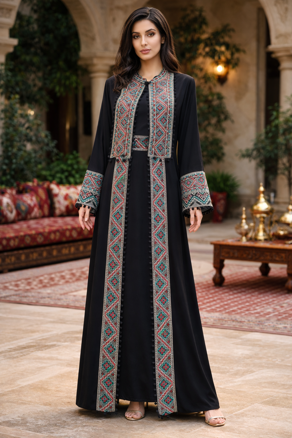 Sultanah Onyx – 3 Piece Embroidered Abaya Set