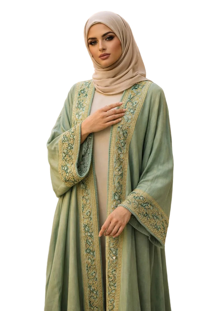 Pistachio Royale Bisht Abaya – 2-Piece Set