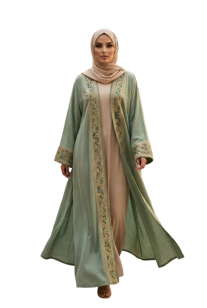 Pistachio Royale Bisht Abaya – 2-Piece Set
