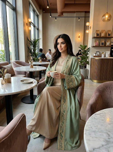 Pistachio Royale Bisht Abaya – 2-Piece Set
