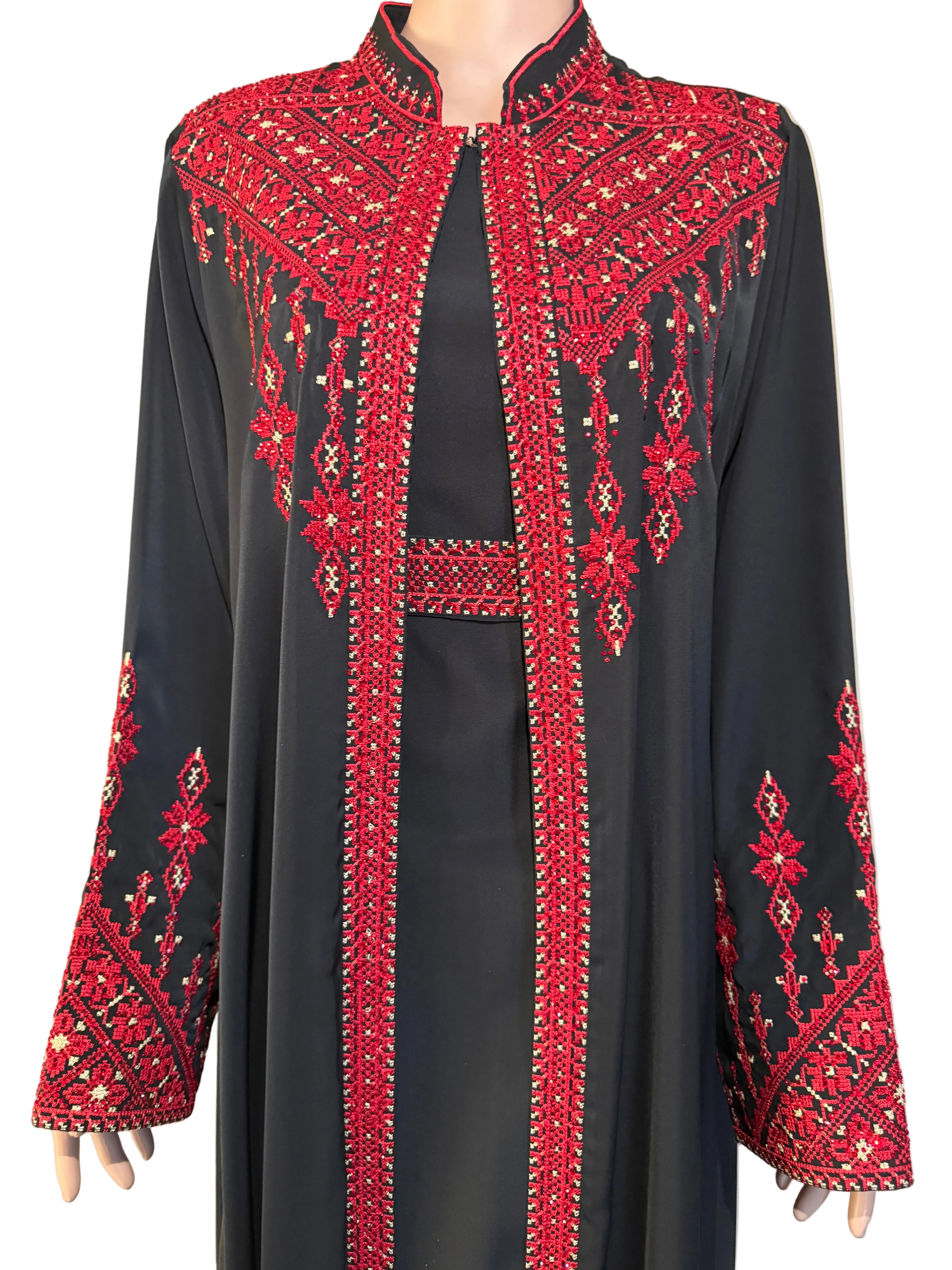 Amara Black & Ruby - 3 Piece Embroidered Abaya Set