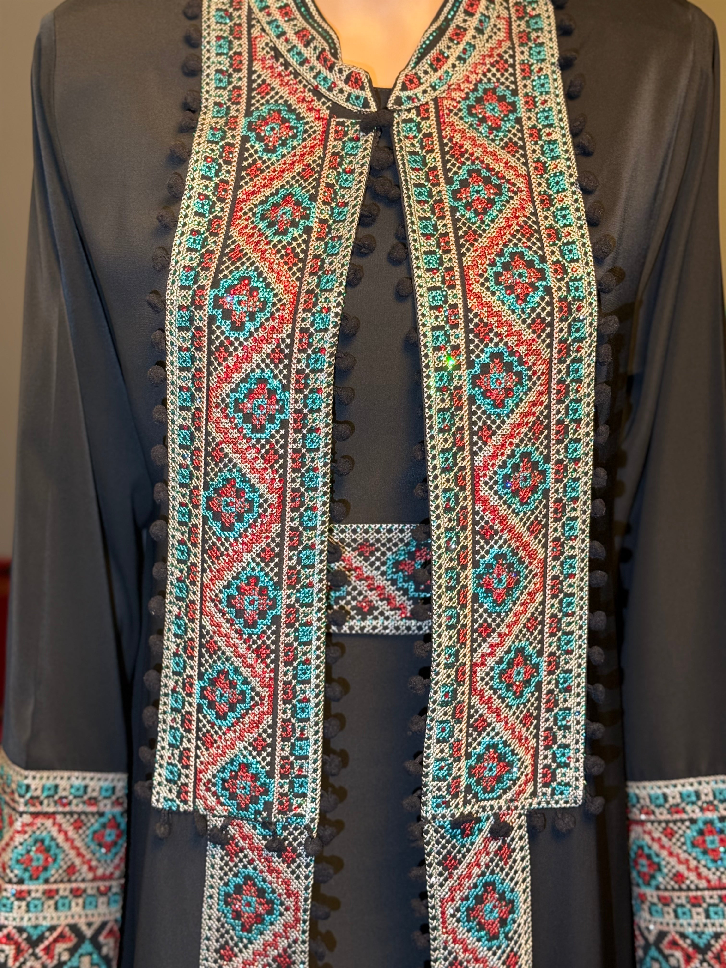 Sultanah Onyx – 3 Piece Embroidered Abaya Set