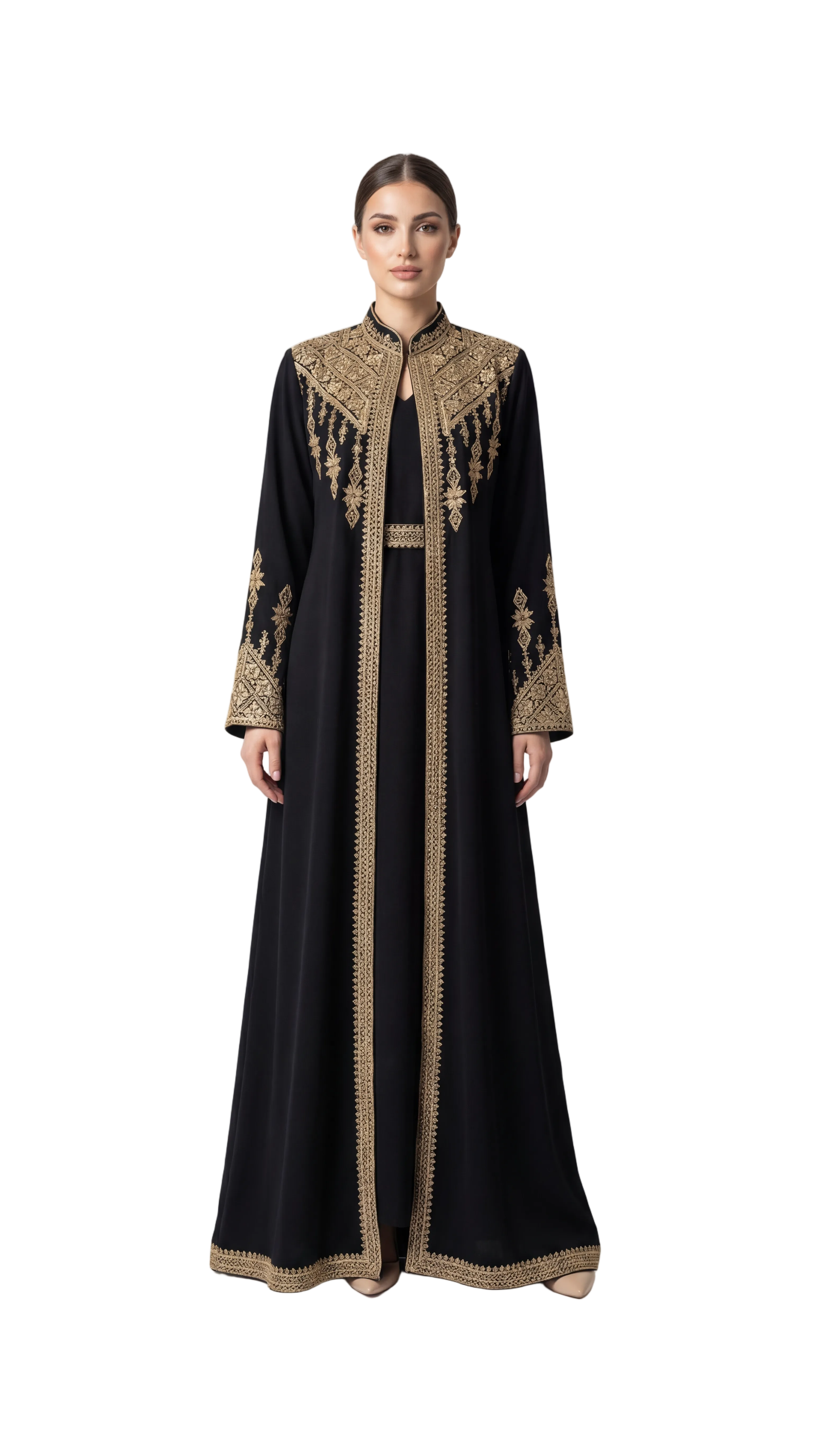 Amara Black & Gold - 3 Piece Embroidered Abaya Set