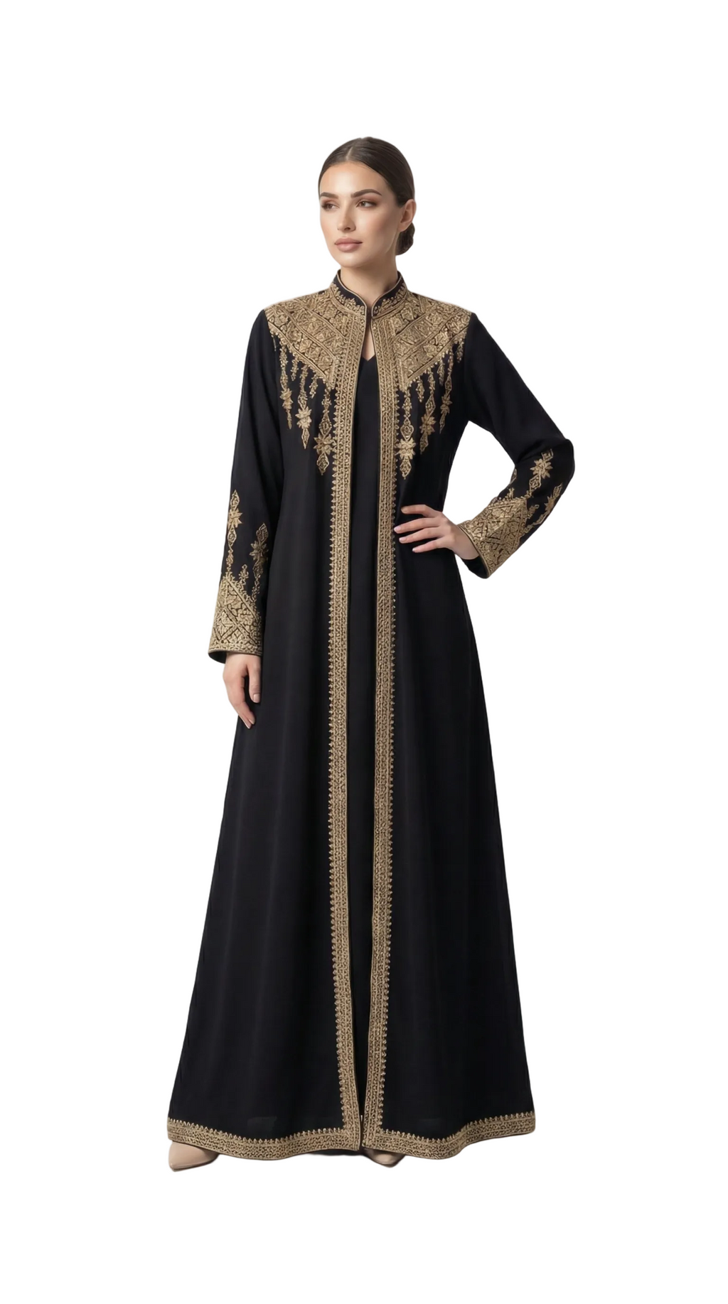 Amara Black & Gold - 3 Piece Embroidered Abaya Set